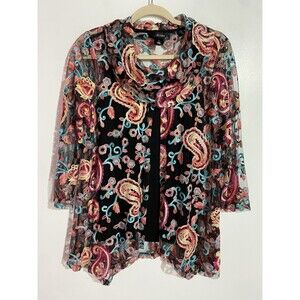 Ali Miles Top M Floral Paisley Embroidery Tropical Artsy Lagenlook Cottagecore